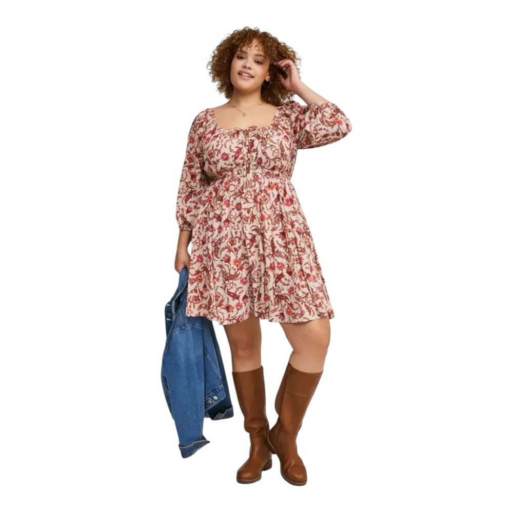Mini 3/4 Sleeve Tie Front Detail Babydoll Dress in Paisley Dream sz 1